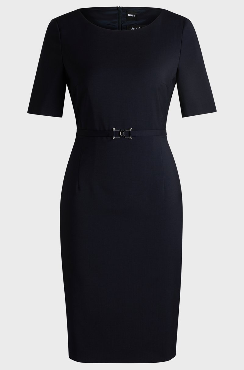 Hugo Boss Vestido De Lana Virgen Con Cinturón Con Detalles Metálicos