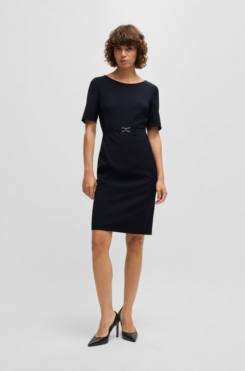 Hugo Boss Vestido de lana virgen con cinturón con detalles metálicos