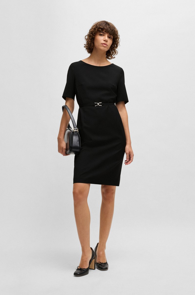 Hugo Boss Vestido de lana virgen con cinturón con detalles metálicos