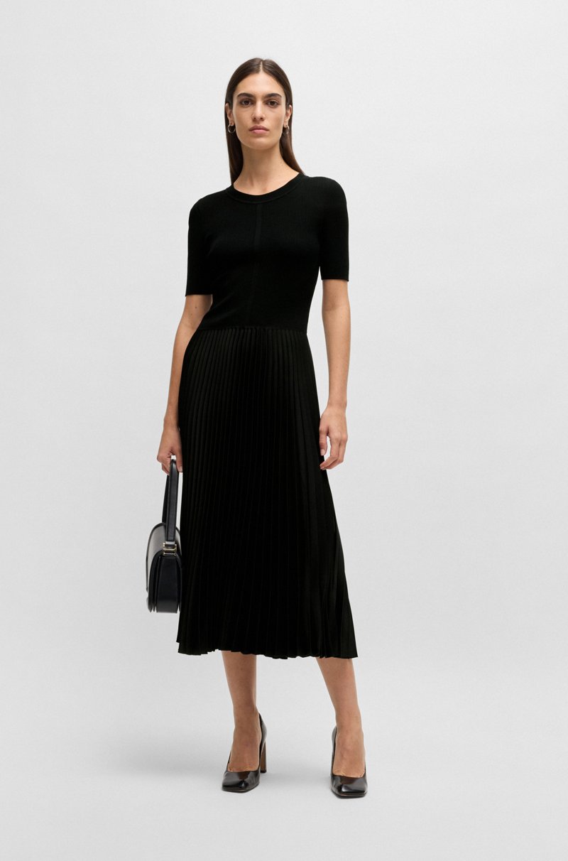 Hugo Boss Vestido De Mezcla De Materiales Con Falda Plisada