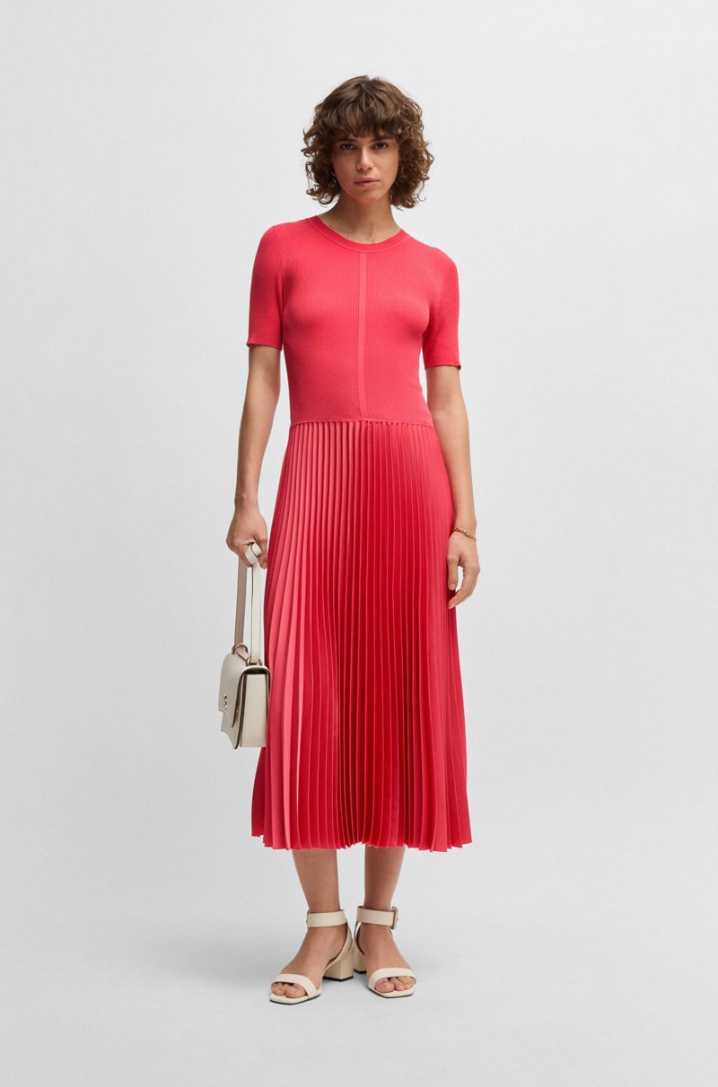 Hugo Boss Vestido De Mezcla De Materiales Con Falda Plisada