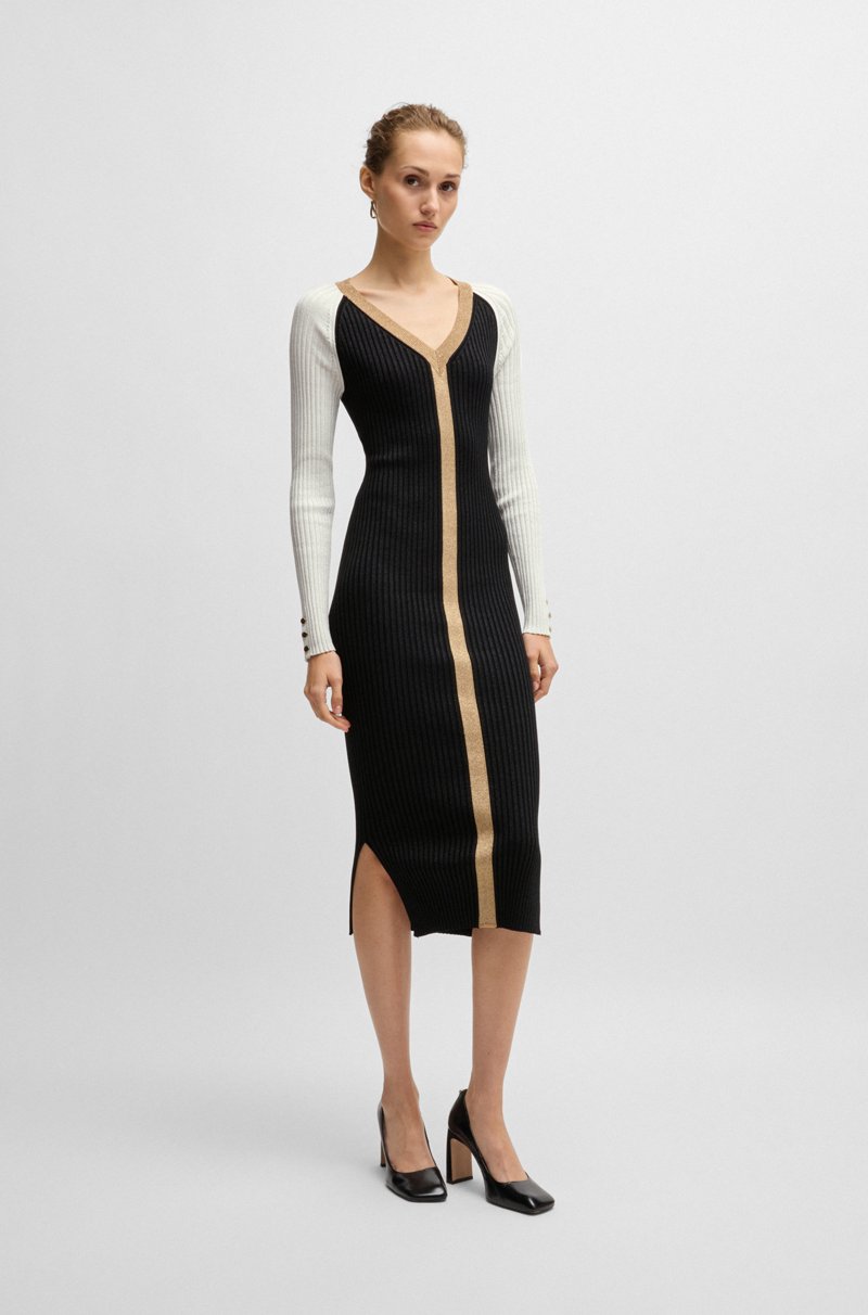 Hugo Boss Vestido de punto de tejido metalizado con escote en pico