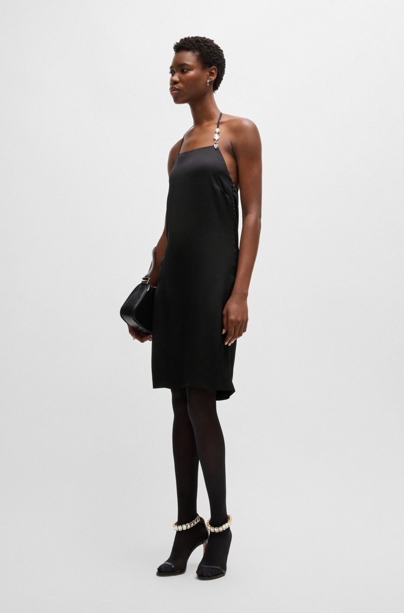 Hugo Boss Vestido De Satén Con Tirantes Halter Y Ribete De Cristal