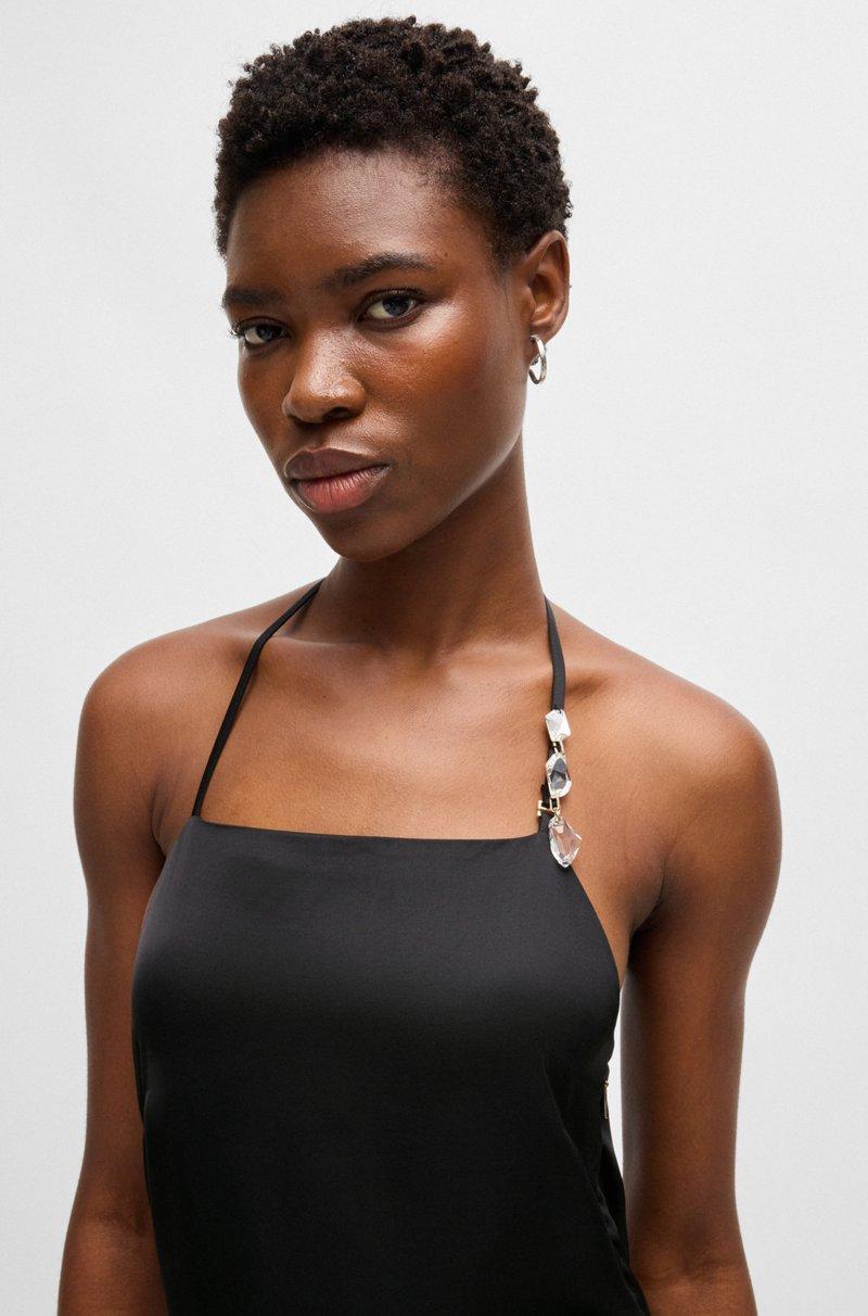 Hugo Boss Vestido De Satén Con Tirantes Halter Y Ribete De Cristal