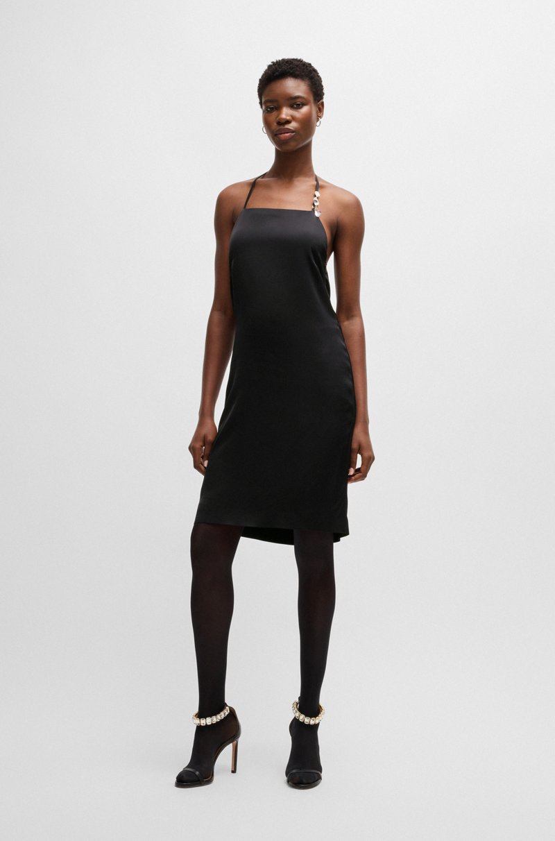 Hugo Boss Vestido de satén con tirantes halter y ribete de cristal