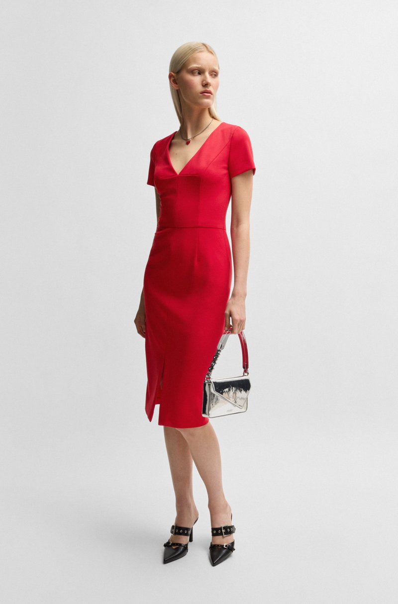 Hugo Boss Vestido midi slim fit de tejido elástico con escote en pico