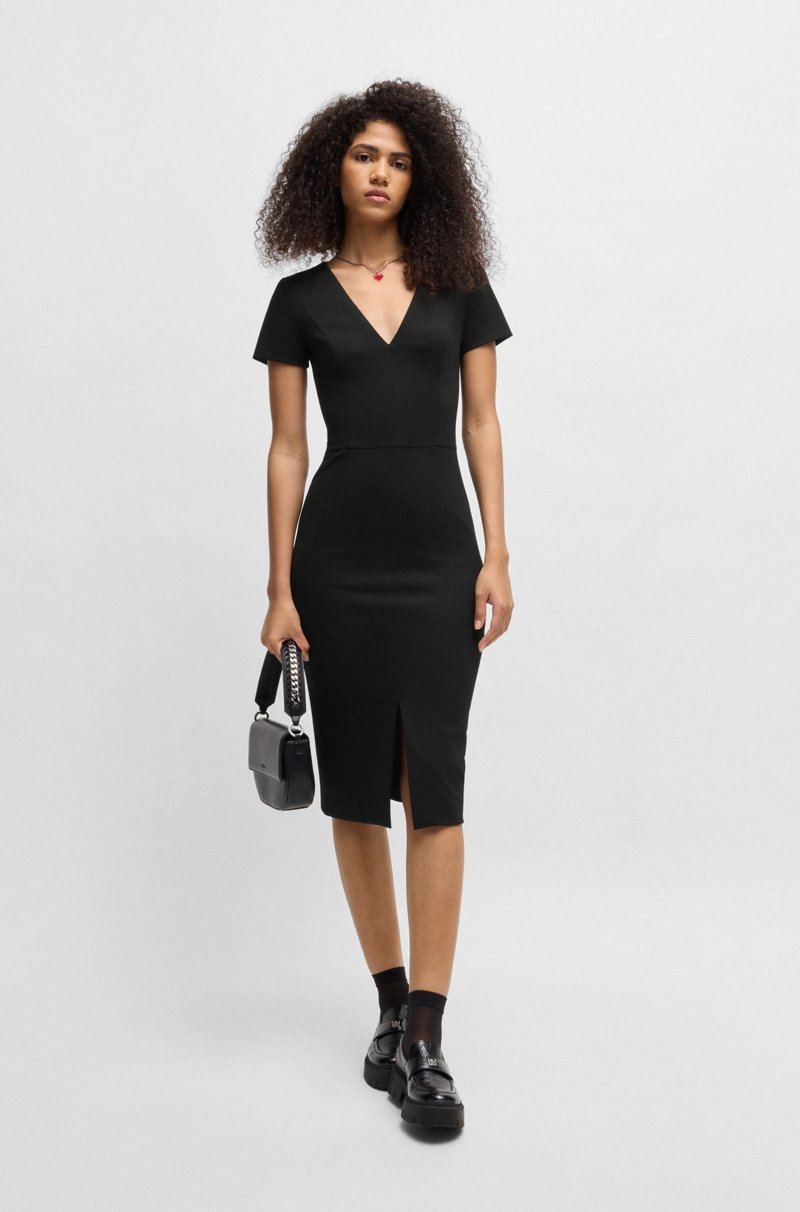 Hugo Boss Vestido midi slim fit de tejido elástico con escote en pico