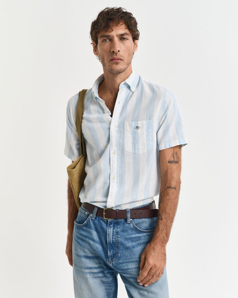 Gant Camisa Regular Fit de manga corta a rayas en algodón y lino