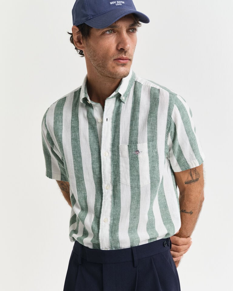 Gant Camisa Regular Fit De Manga Corta A Rayas En Algodón Y Lino