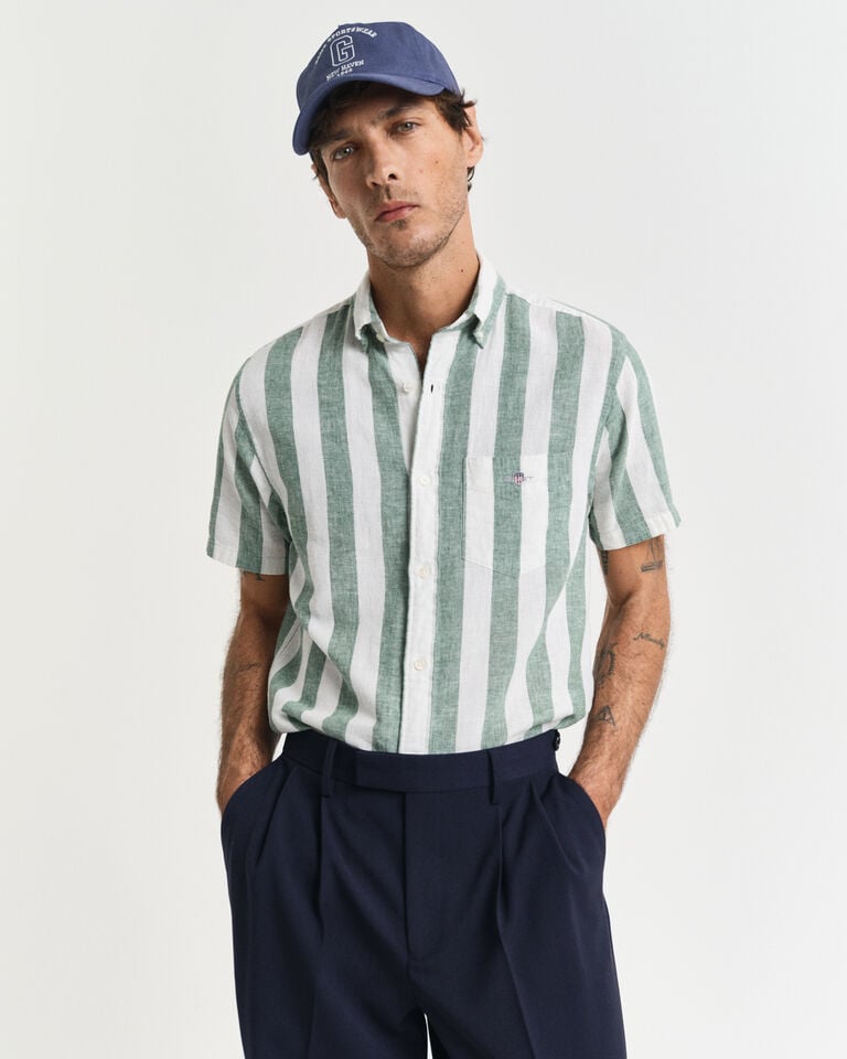 Gant Camisa Regular Fit de manga corta a rayas en algodón y lino