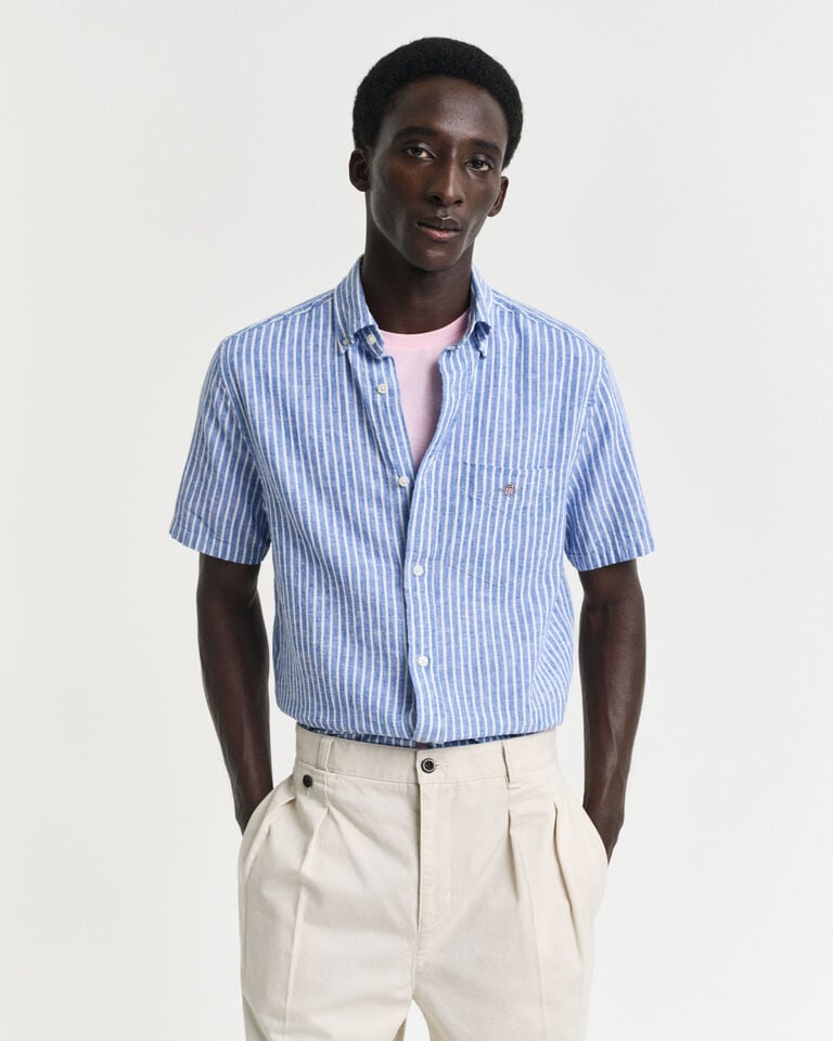 Gant Camisa Regular Fit de manga corta a rayas en algodón y lino