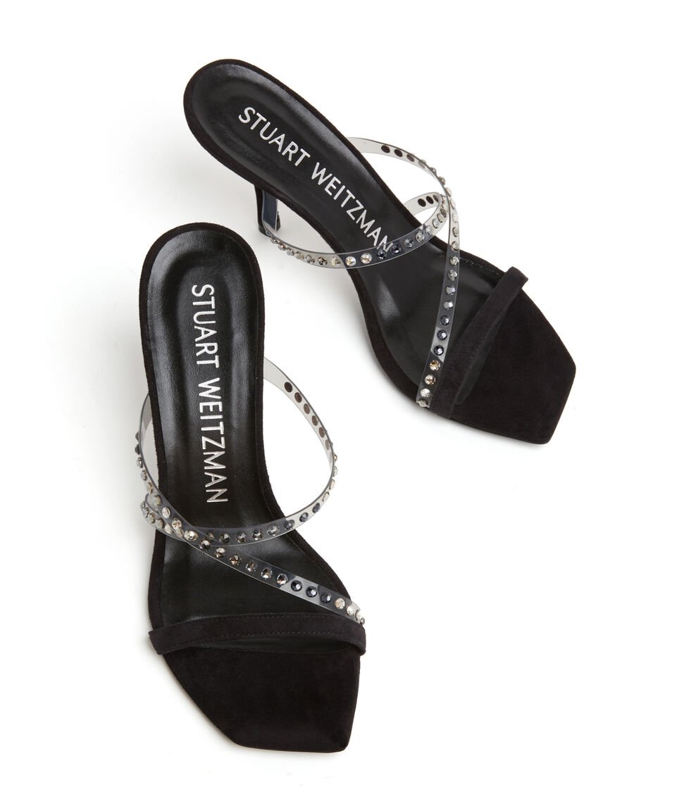 Stuart Weitzman STRAPEZE CRYSTAL 85 SLIDE En Franela/negro/negro Multi De Mujer | Stuart Weitzman®