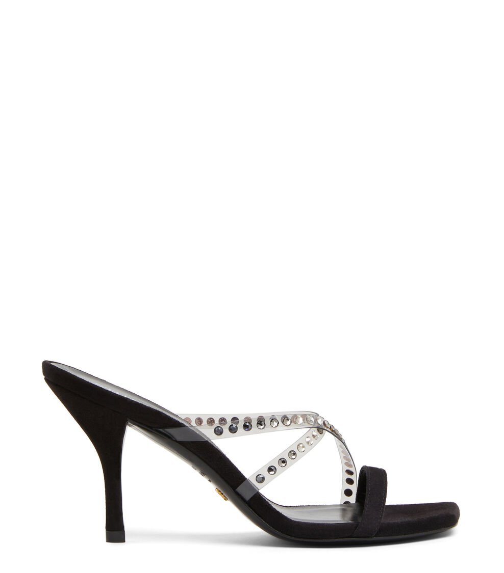 Stuart Weitzman STRAPEZE CRYSTAL 85 SLIDE en Franela/negro/negro multi de Mujer | Stuart Weitzman®