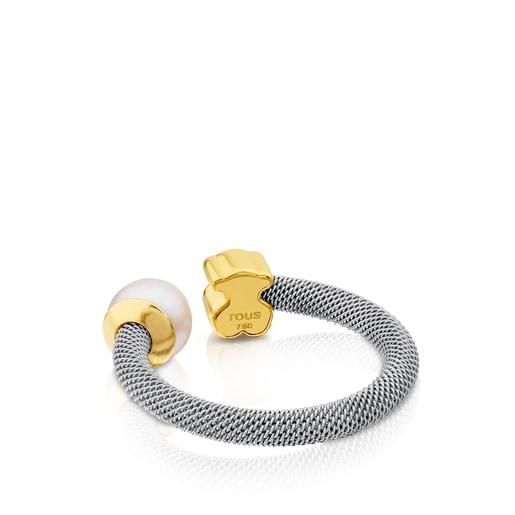 Tous Anillo De Acero Y Oro Con Perla Cultivada Motivo Oso Icon Mesh