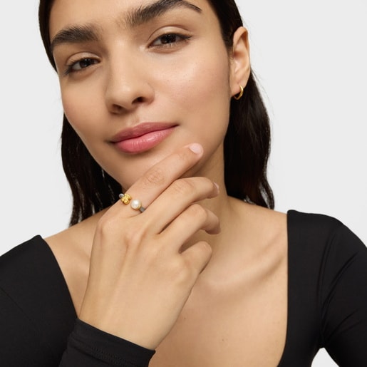 Tous Anillo De Acero Y Oro Con Perla Cultivada Motivo Oso Icon Mesh