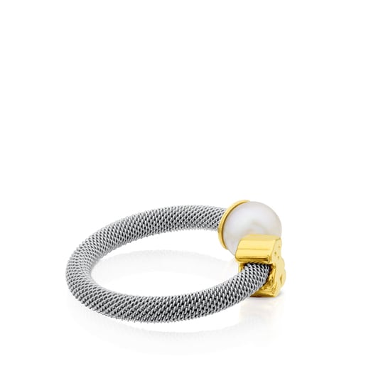 Tous Anillo de acero y oro con perla cultivada motivo oso Icon Mesh
