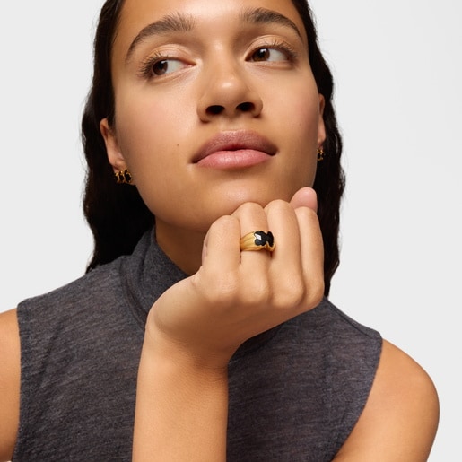 Tous Anillo Mediano Con Baño De Oro 18 Kt Sobre Plata Y Motivo Oso En ónix Icon Color