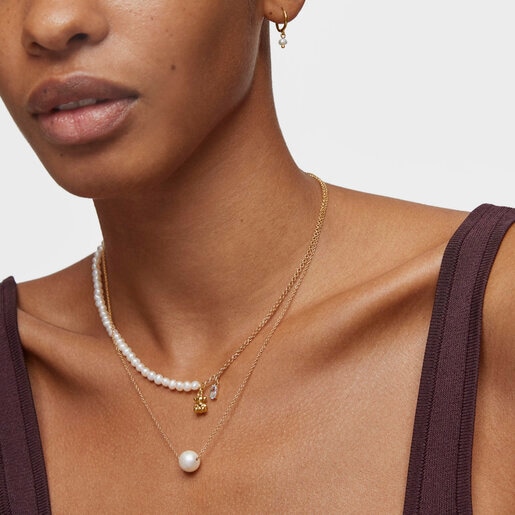 Tous Collar Corto Oso Con Baño De Oro Sobre Plata Perlas Cultivadas Y Topacio Bold Bear