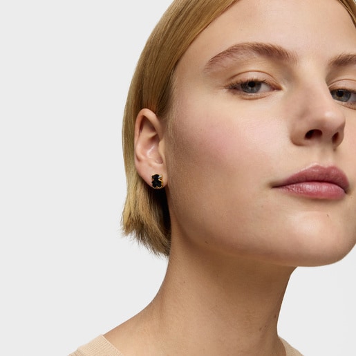 Tous Pendientes Oso Con Baño De Oro 18 Kt Sobre Plata Y ónix 10 Mm Icon Color