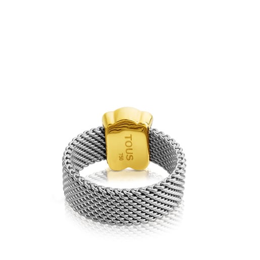 Tous Anillo de acero y oro motivo oso mediano Mesh