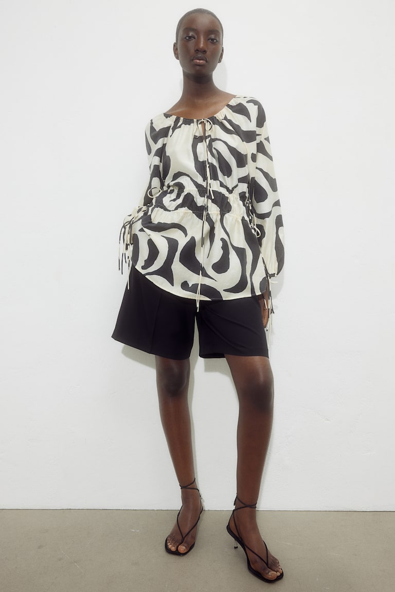 H&M Blusa Con Cordón De Ajuste - Beige Claro/Floral - MUJER