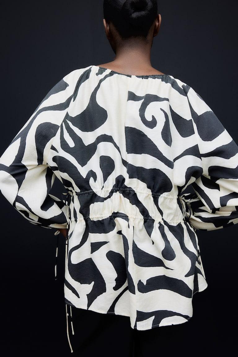 H&M Blusa Con Cordón De Ajuste - Beige Claro/Floral - MUJER