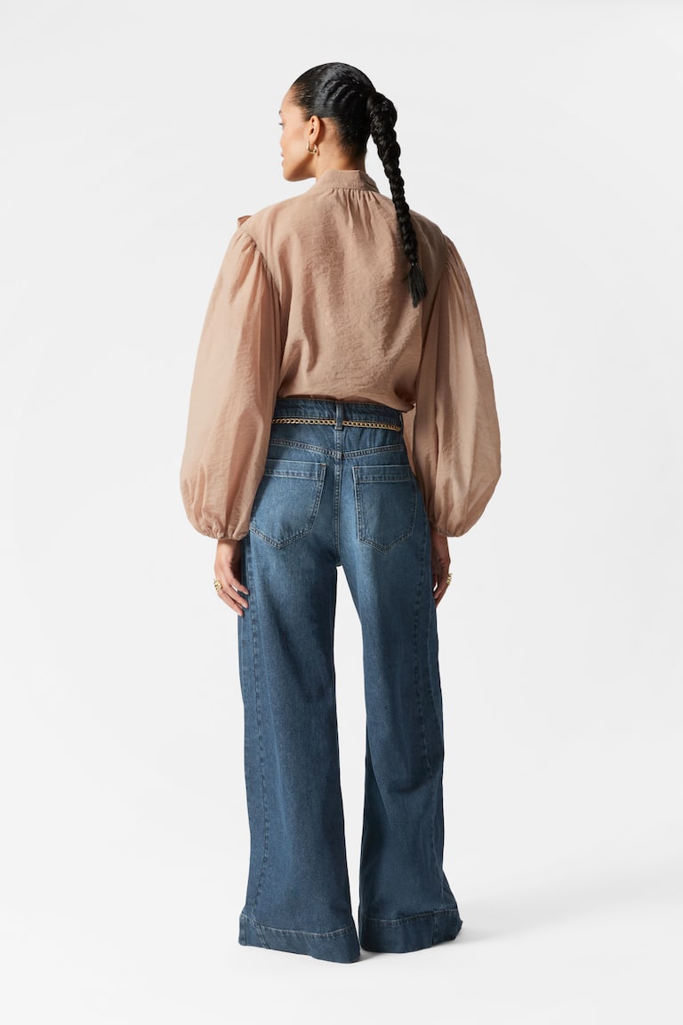 H&M Blusa Con Mangas Abullonadas Y Detalle De Lazo - Beige - MUJER