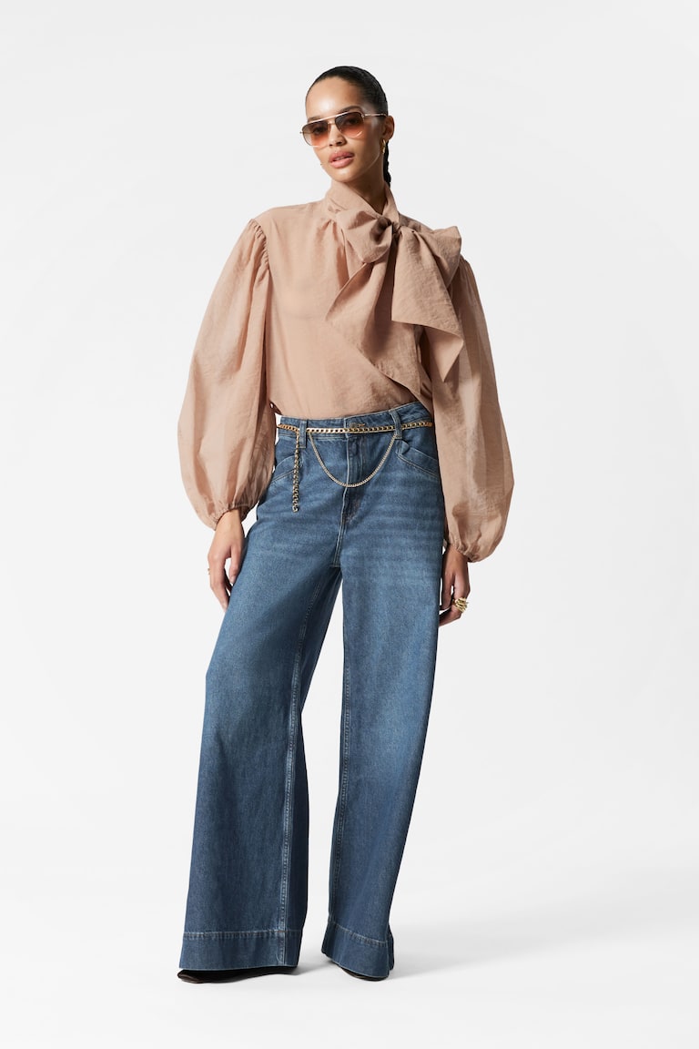 H&M Blusa Con Mangas Abullonadas Y Detalle De Lazo - Marrón Oscuro - MUJER