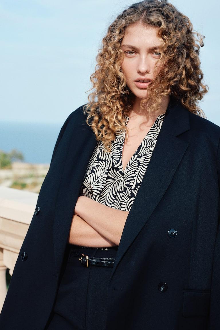 H&M Blusa De Popelina Con Mangas Globo - Negro/Estampado - MUJER