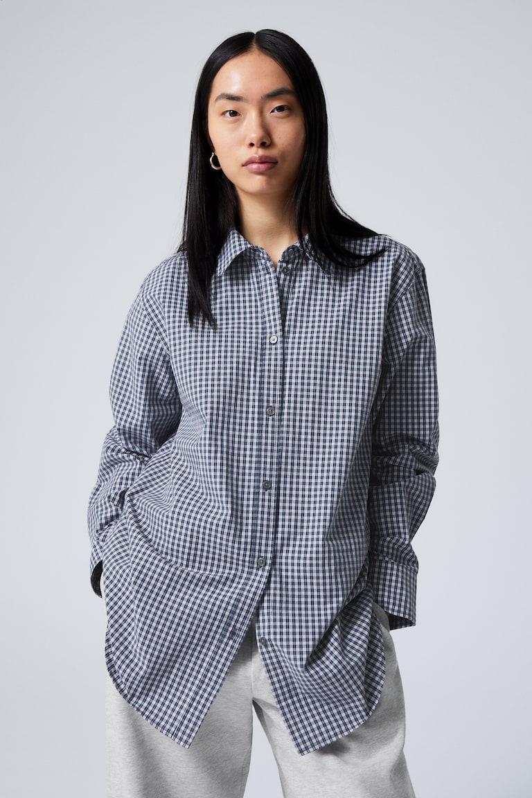 H&M Camisa De Manga Larga De Popelina De Algodón - Cuadros Azul Oscuro - MUJER