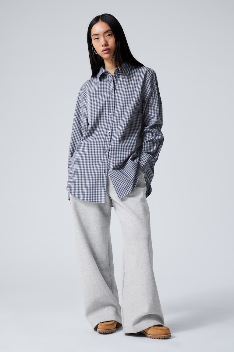 H&M Camisa de manga larga de popelina de algodón - Cuadros azul oscuro - MUJER