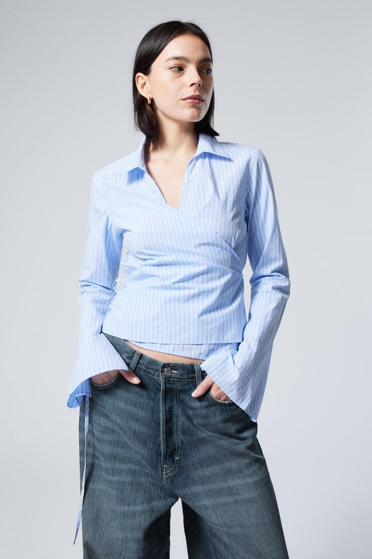 H&M Camisa de popelina cruzada de manga larga - Negro - MUJER