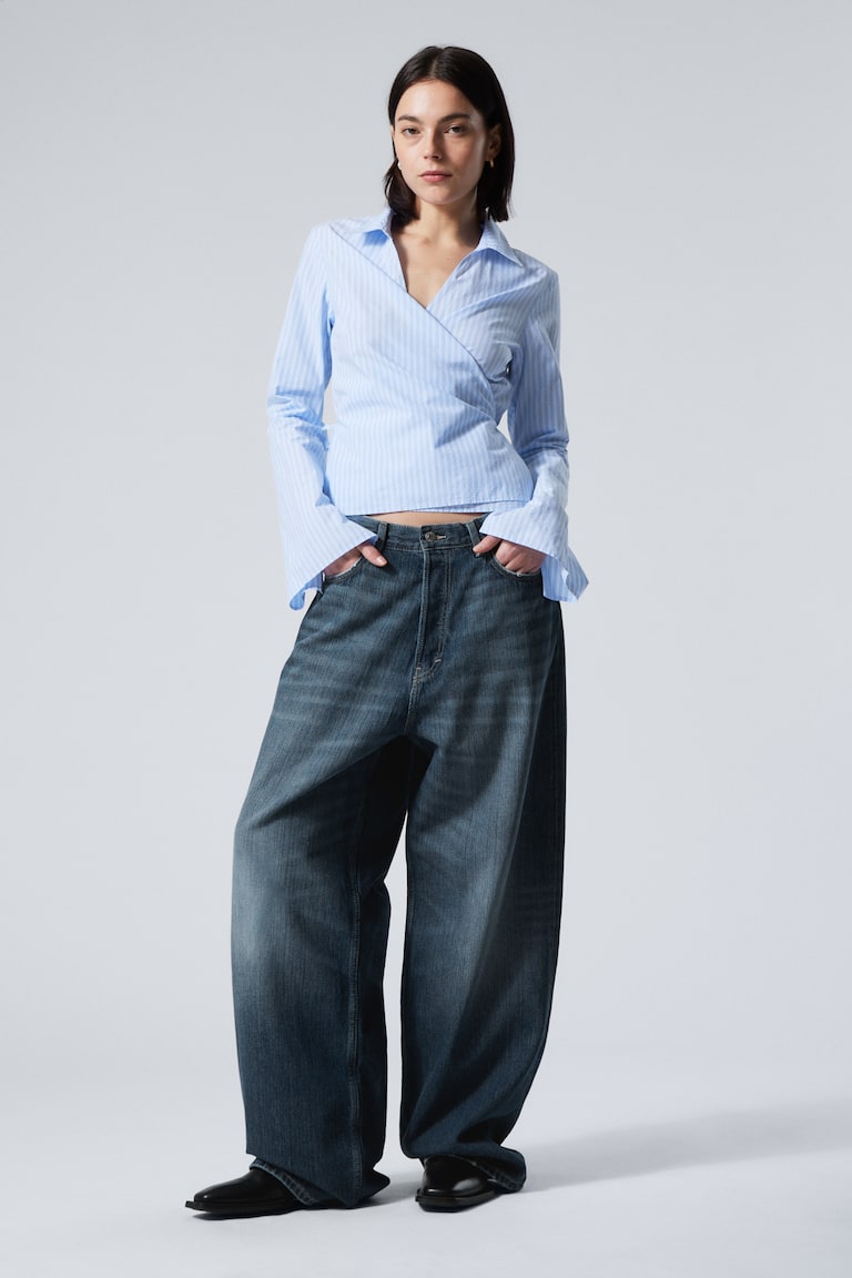 H&M Camisa De Popelina Cruzada De Manga Larga - Rayas Azules - MUJER