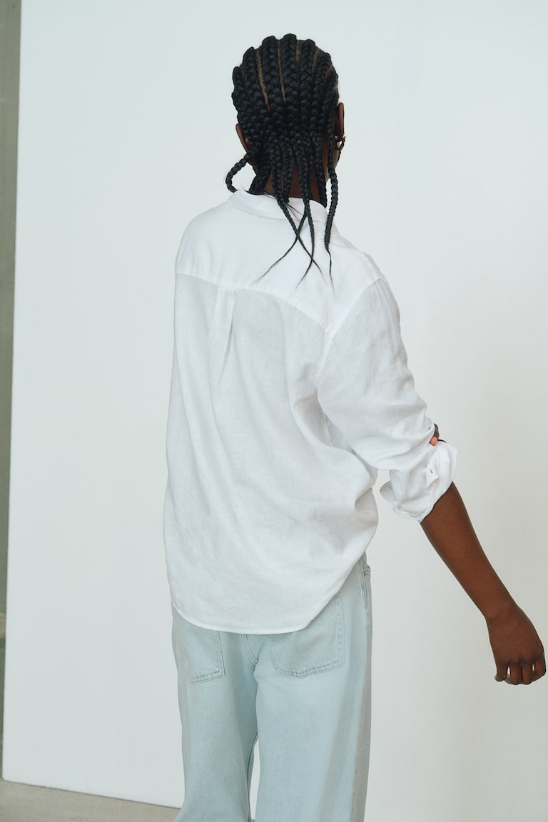 H&M Camisa En Mezcla De Lino - Azul/Rayas Blancas - MUJER