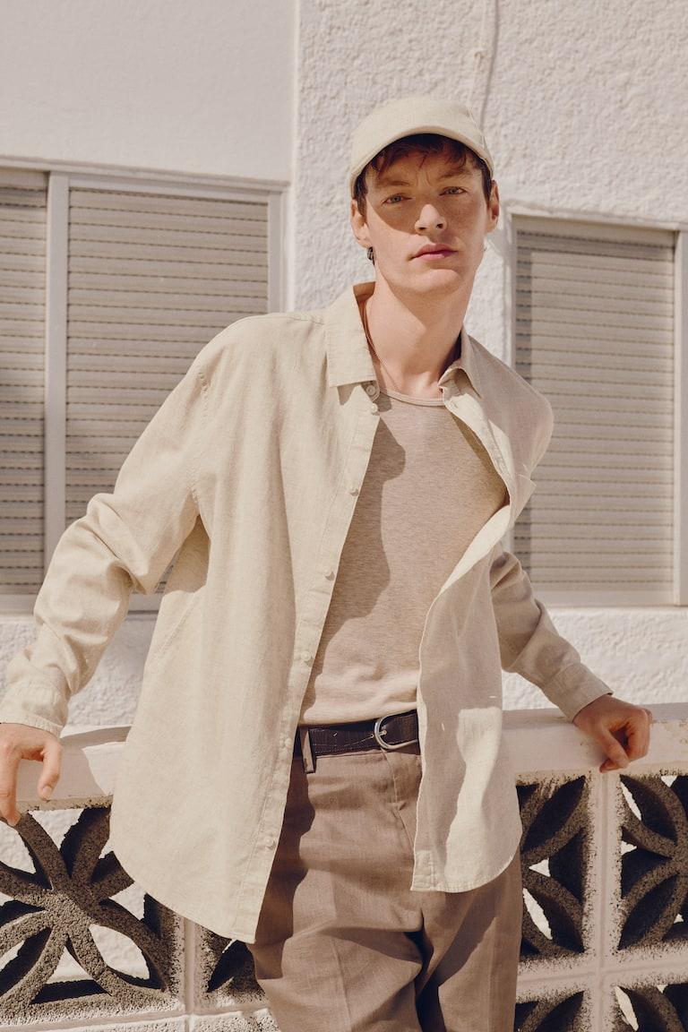 H&M Camisa En Mezcla De Lino Regular Fit - Beige Claro - HOMBRE