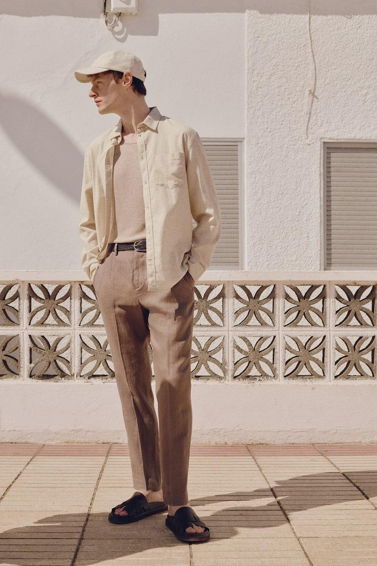 H&M Camisa en mezcla de lino Regular Fit - Beige claro - HOMBRE