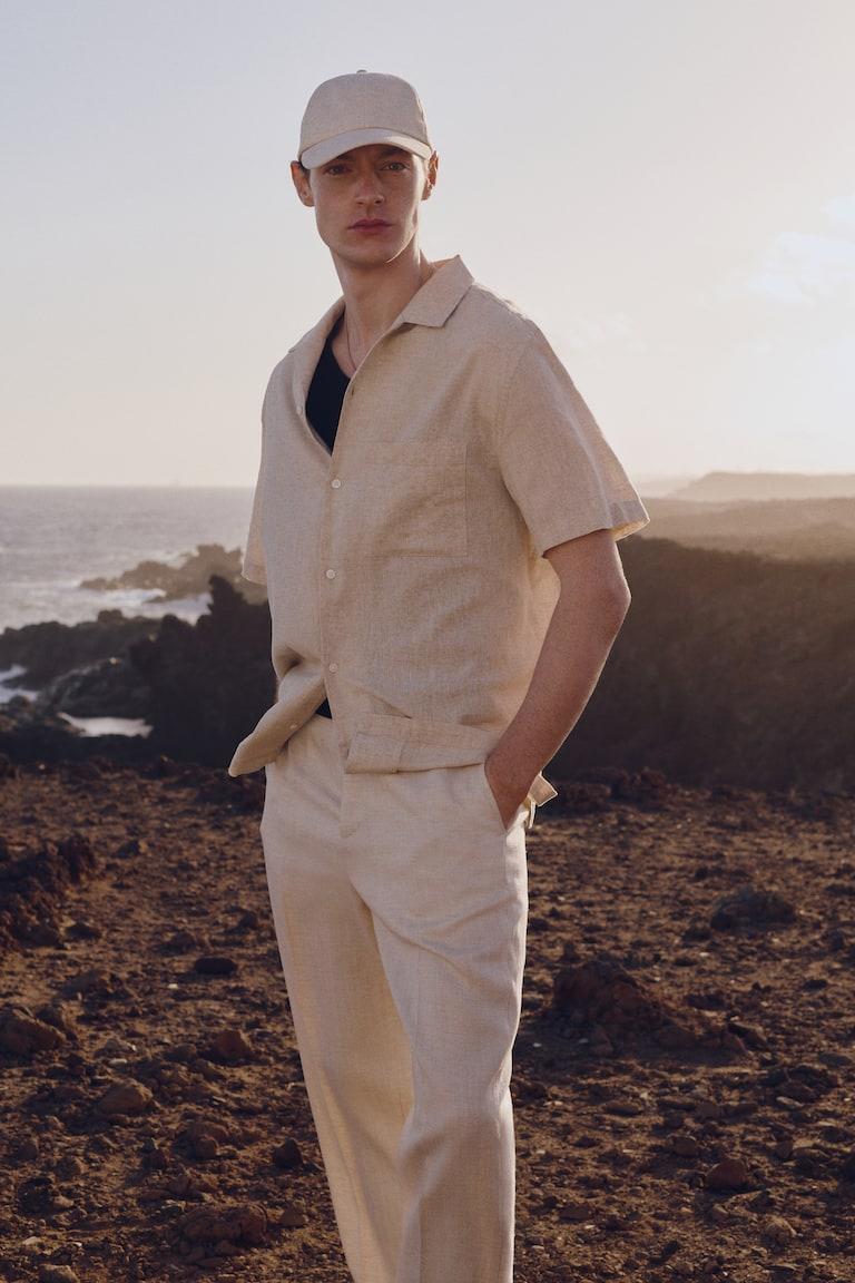 H&M Camisa en mezcla de lino Regular Fit - Beige claro - HOMBRE