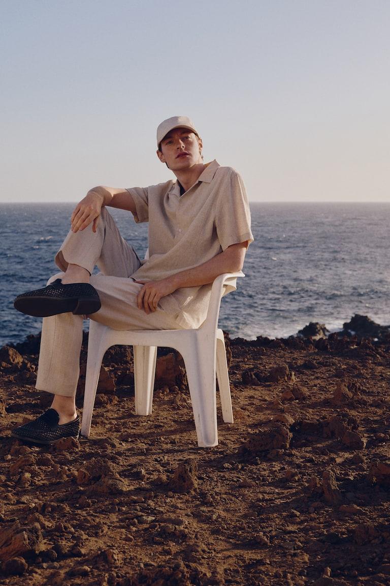 H&M Camisa En Mezcla De Lino Regular Fit - Beige/Rayas Blancas - HOMBRE