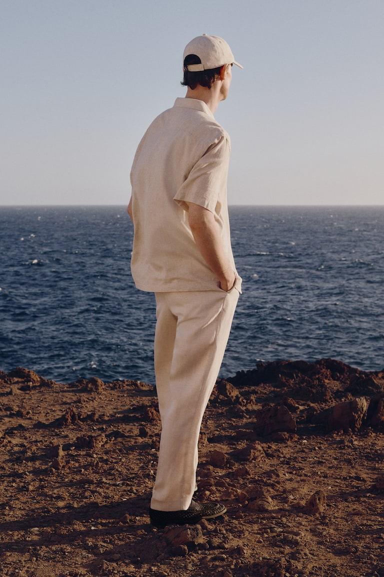 H&M Camisa En Mezcla De Lino Regular Fit - Beige/Rayas Blancas - HOMBRE