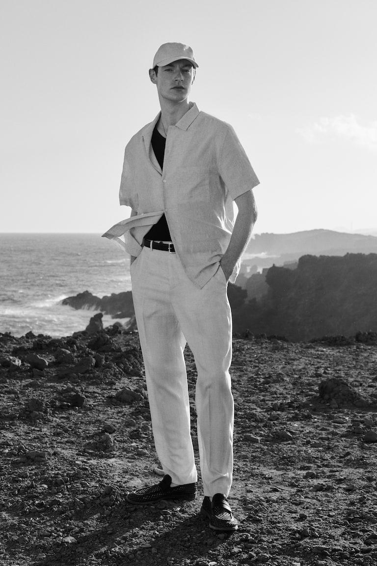 H&M Camisa En Mezcla De Lino Regular Fit - Verde/Rayas Blancas - HOMBRE