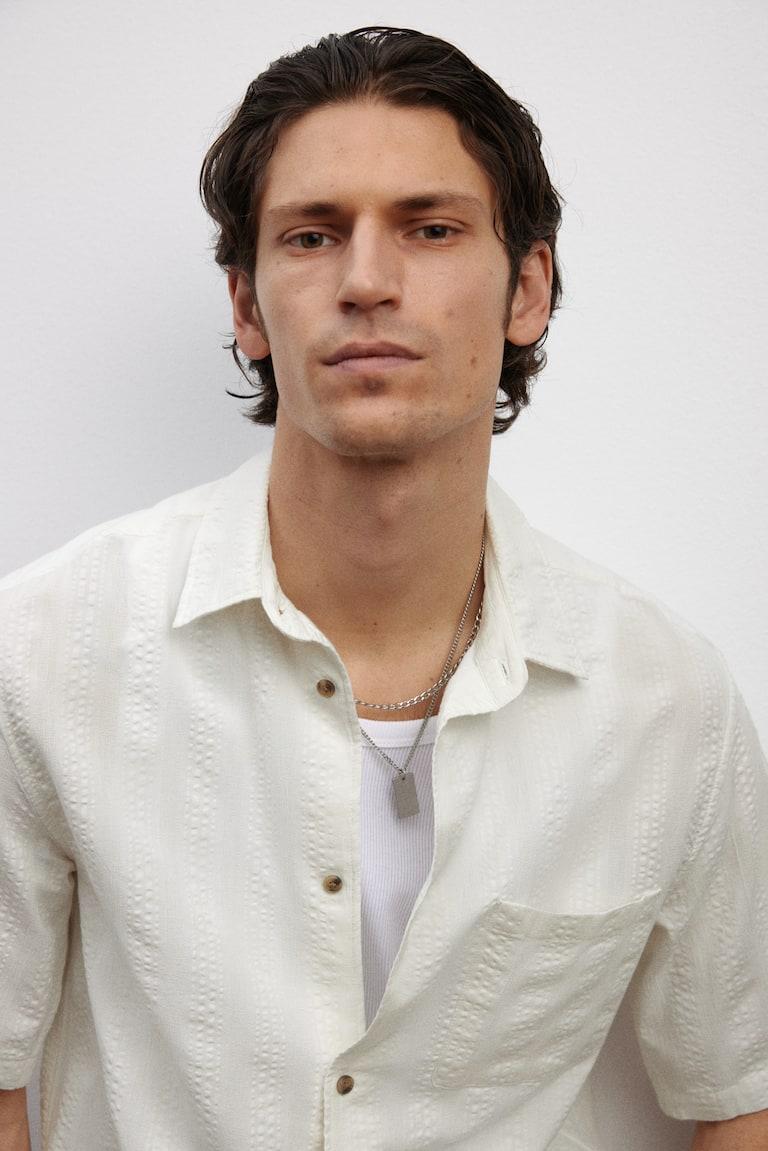 H&M Camisa Texturizada De Manga Corta Regular Fit - Crema - HOMBRE