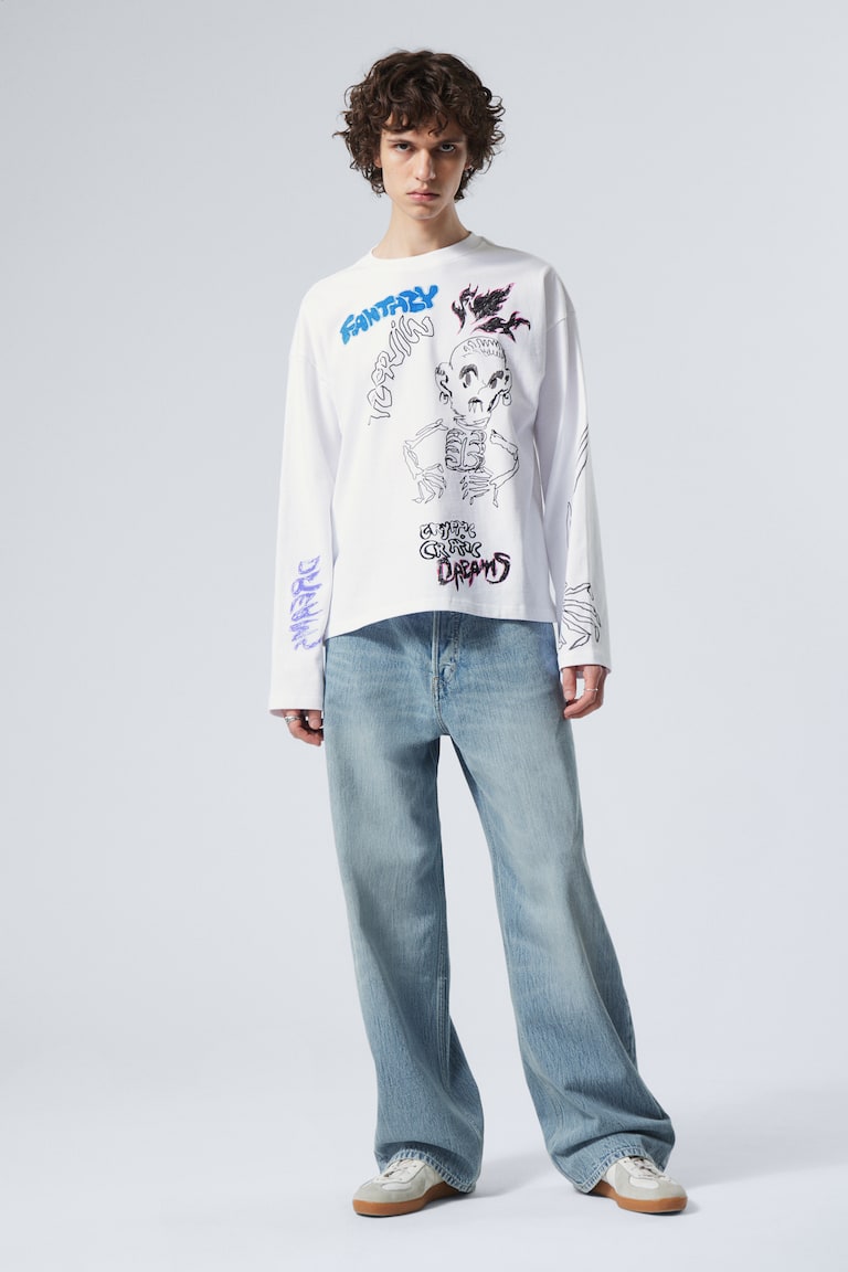 H&M Camiseta Boxy De Manga Larga Y Estampado Gráfico - Blanco - Sueños De Esqueleto - HOMBRE