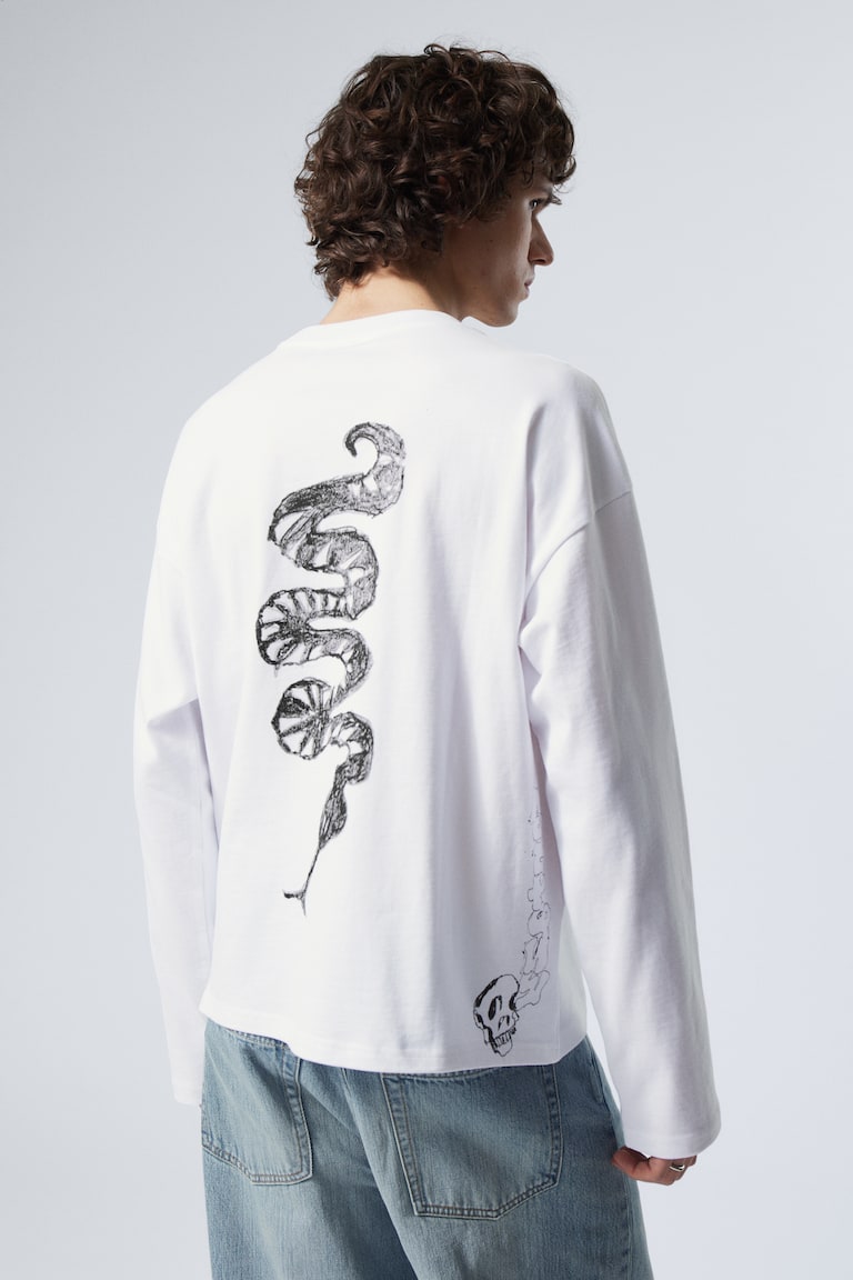 H&M Camiseta Boxy De Manga Larga Y Estampado Gráfico - Blanco - Sueños De Esqueleto - HOMBRE