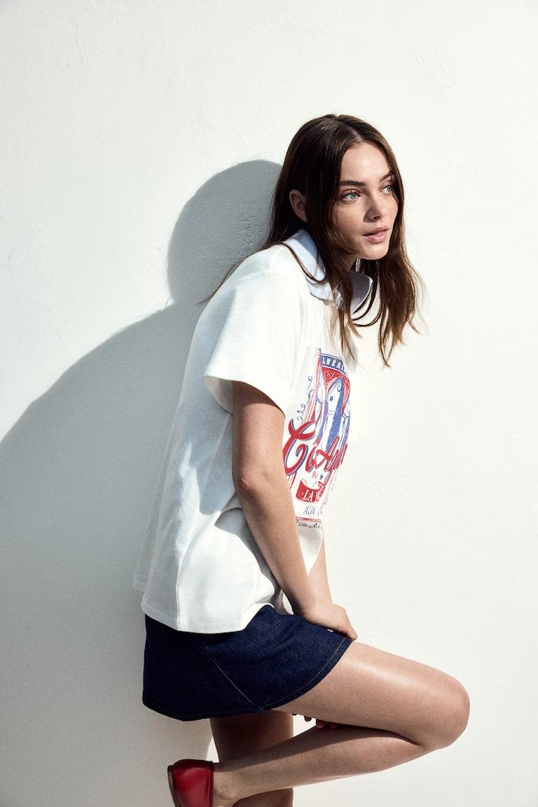 H&M Camiseta Con Motivo Decorativo - Crema/Sardinas - MUJER