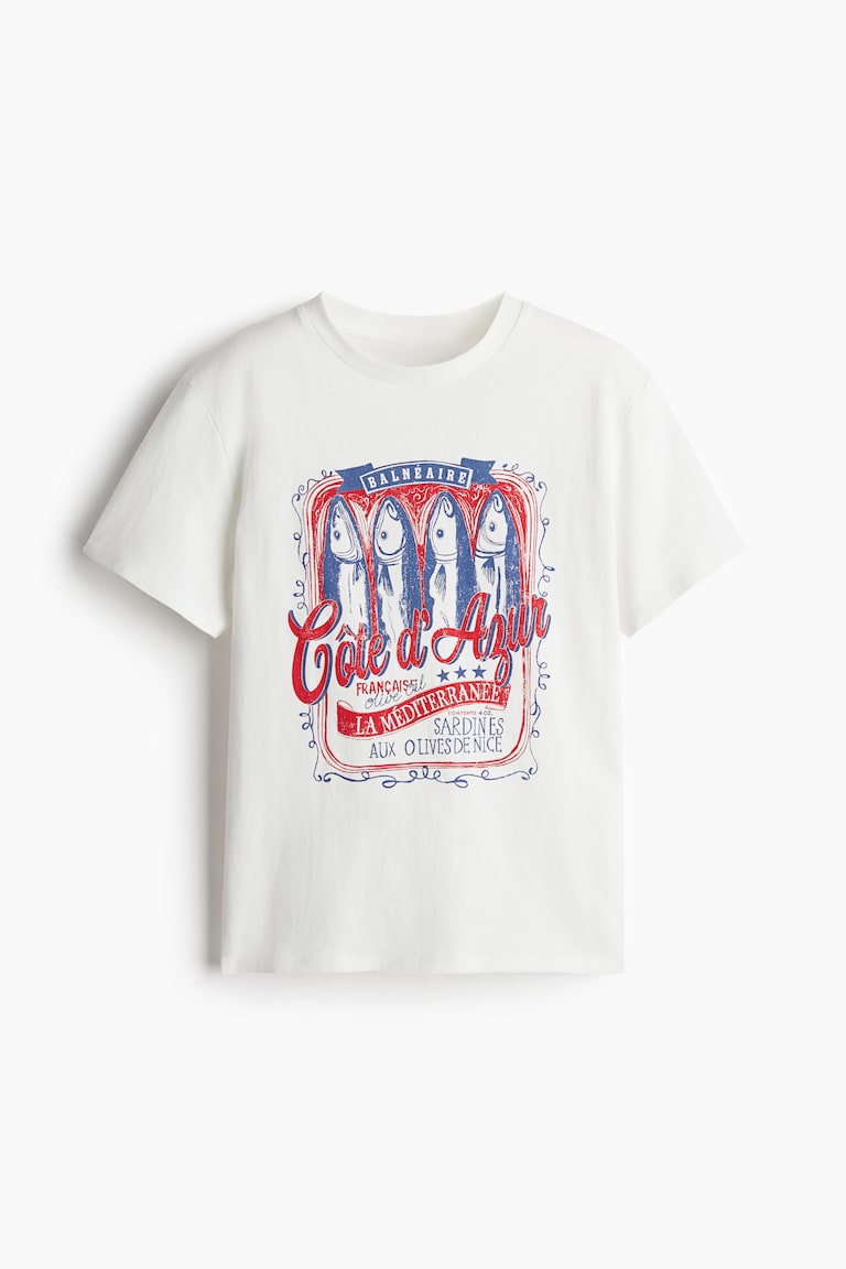 H&M Camiseta Con Motivo Decorativo - Crema/Sardinas - MUJER