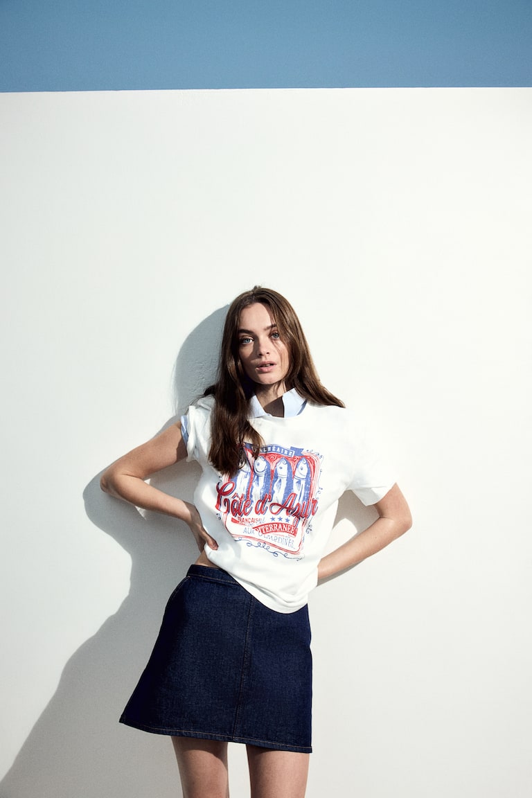 H&M Camiseta con motivo decorativo - Crema/Sardinas - MUJER