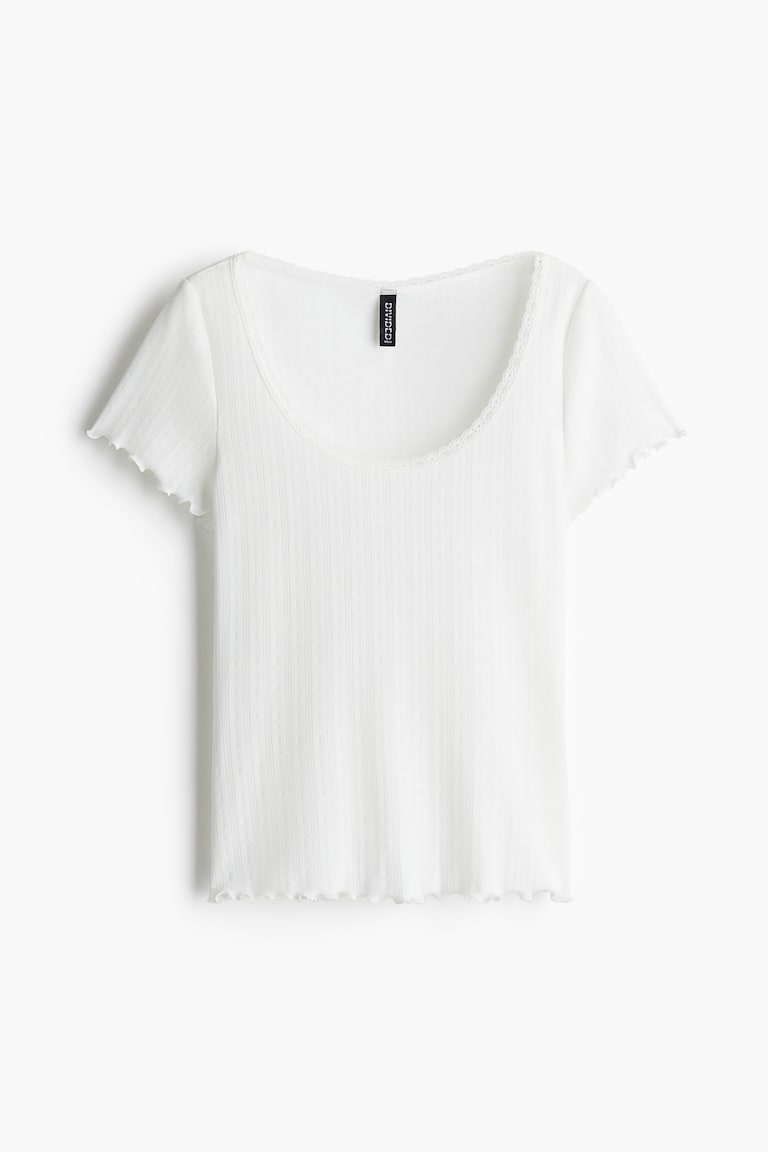H&M Camiseta En Pointelle Con Ribete De Encaje - Blanco - MUJER