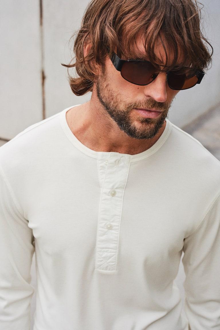 H&M Camiseta En Punto De Canalé Slim Fit - Crema - HOMBRE