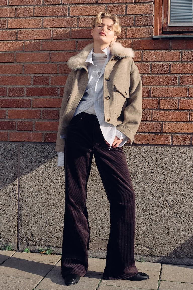 H&M Cazadora De Sarga Con Cuello Efecto Pelo - Beige Jaspeado - MUJER