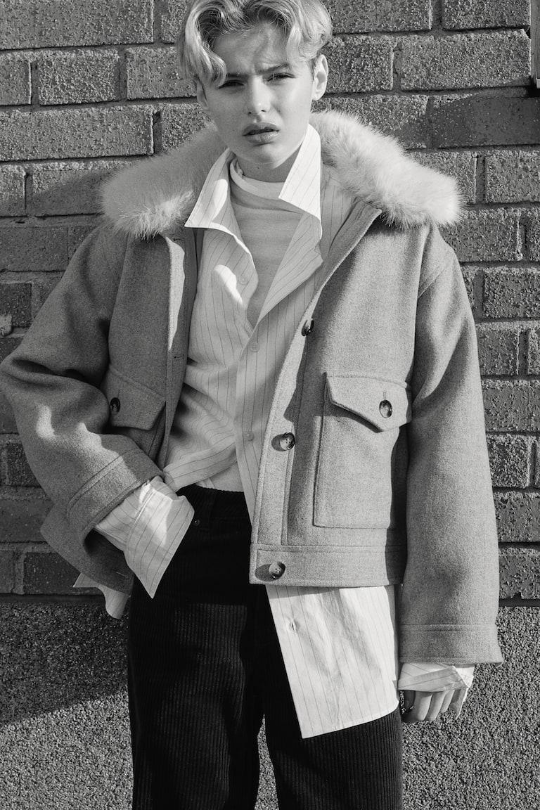 H&M Cazadora de sarga con cuello efecto pelo - Beige jaspeado - MUJER